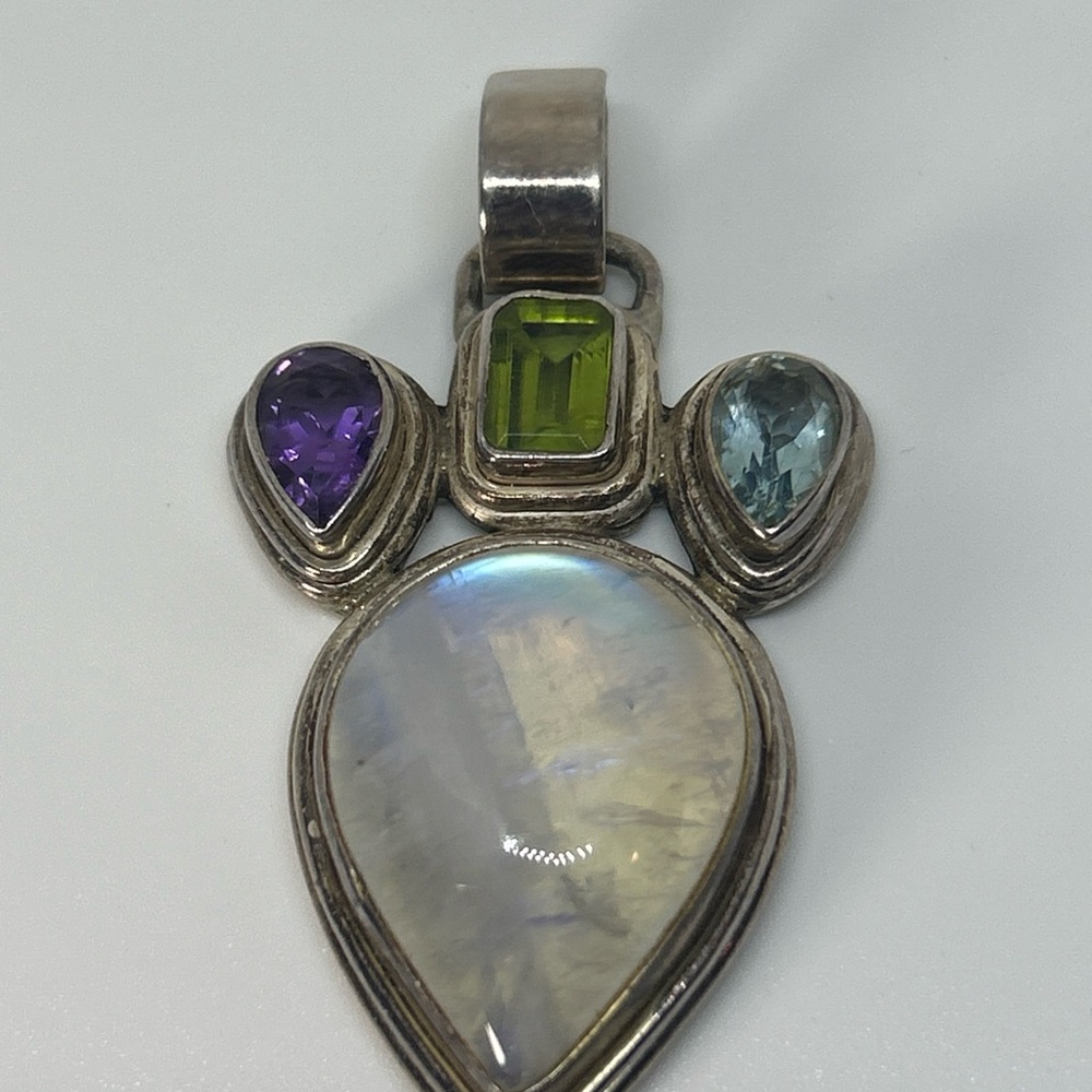 Sterling Silver Pendant w/Teardrop Moonstone Amethyst, Blue Topaz, Peridot 925